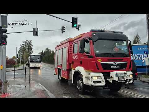 Dojazd alarmowy zastępów z JRG 2 Nowy Sącz do zdarzenia drogowego .