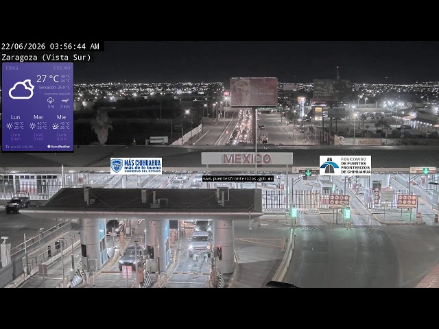 サラゴサ国際橋（南側、メキシコ、チワワ州、シウダー・フアレス方面、アメリカ側エルパソ東部からメキシコ側に戻ってくる車列が入国検査ゲートに並ぶ）