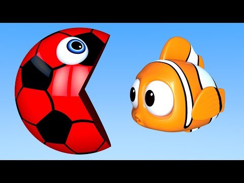Learn Colors with PACMAN as eat Fish & Soccer Ball on the Sea and slides down a magic slide