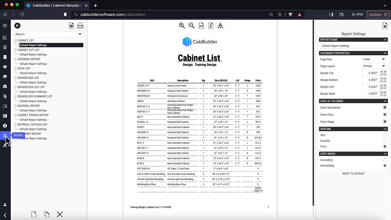 Reports in CabBuilder