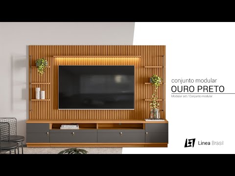 Rack com Painel + Modulo Lateral Nature/Chumbo Ouro Preto Linea Brasil -  CasaDom Home Decor