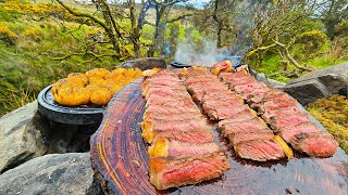 The JUICIEST Campfire Steak with Garlic Infused Potatoes | ASMR Cooking Outdoors