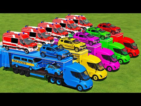 TRANSPORTING FIRE RESCUE, DACIA & SMART POLICE, MINI BUS WITH TESLA TRUCKS - Farming Simulator 22