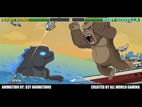 Baby Godzilla vs. Baby Kong with healthbars | Aircraft Carrier Battle