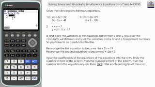 Solving Linear & Quadratic Simultaneous Equations On A Casio fx-CG50 Graphical Calculator | Graphing