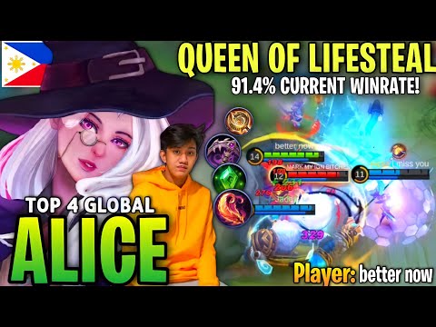 Queen of Lifesteal, 91.4% Current WR | Top 4 Global ALICE Gameplay BEST BUILD By better now - MLBB