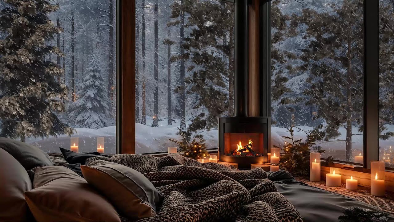 Snowy Jazz Haven ❄️ Snowstorm & Fireplace Sounds Ultimate Cabin Vibes for Unwind