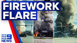 Flames engulf Florida fireworks store after car crashes into building | 9 News Australia