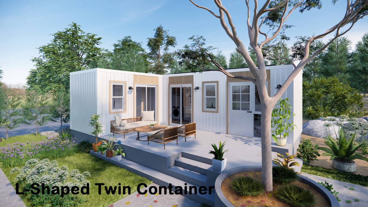 Modern White L-Shaped Container House with Patio - Peaceful Garden Escape - Dual Container House