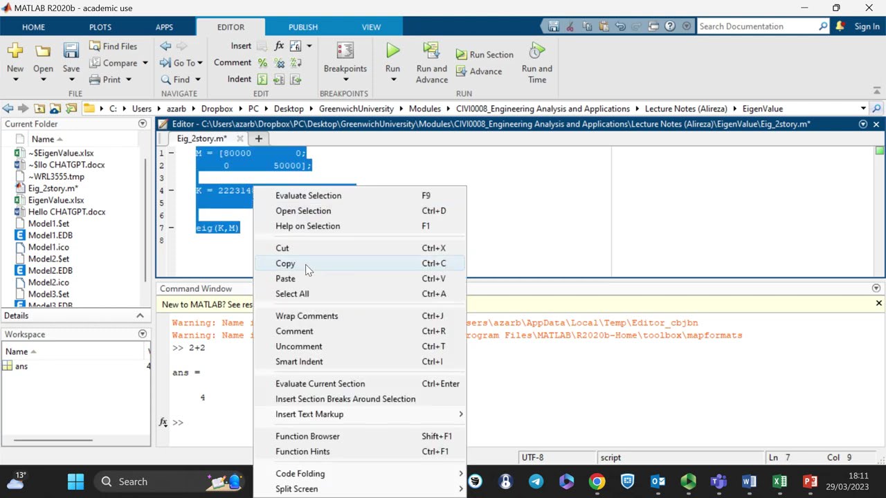 How to perform eigenvalue analysis by using MATLAB