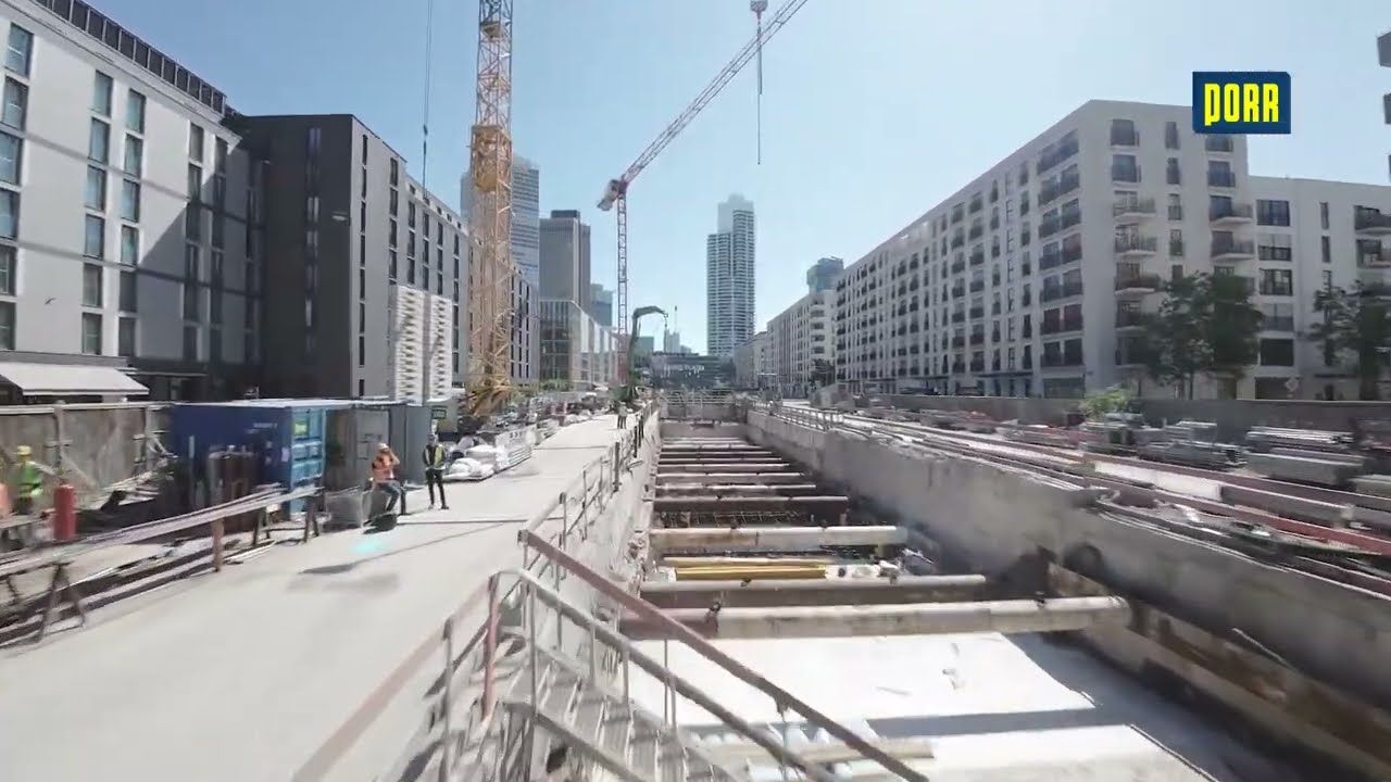 Rapid drone flight over the construction site of the U5 subway line in the Europaviertel in Frankfurt. Recorded for the construction company Porr Germany.
