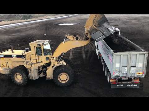 Caterpillar 988F Wheel Loader Loading Coal On Trucks - Labrianidis Mining