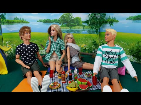 Two Barbie Two Ken Go Camping with a picninc toys.Barbie and Ken Vacation. Video