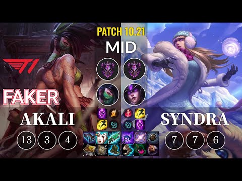 T1 Faker Akali vs Syndra Mid - KR Patch 10.21