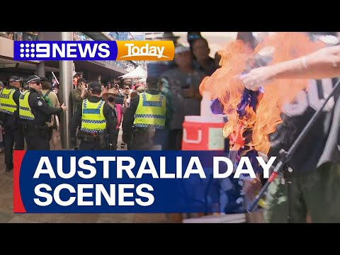 Scenes unfold on Australia Day with bomb threats and flags on fire | 9 News Australia