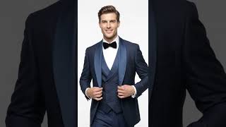 Men’s Navy Pinstripe Great Gatsby Tuxedo Suit, Shawl Collar Sateen Lapel Formal Wedding Prom Suit video