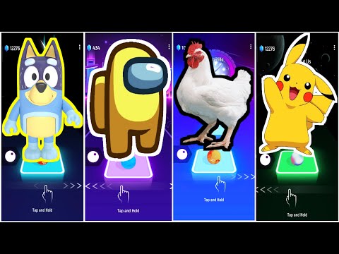 Among Us 🆚 Chicken 🆚 Pikachu 🆚 Gummy Bear - Tiles Hop EDM Rush Coffin dance songs 🎶 who will win?