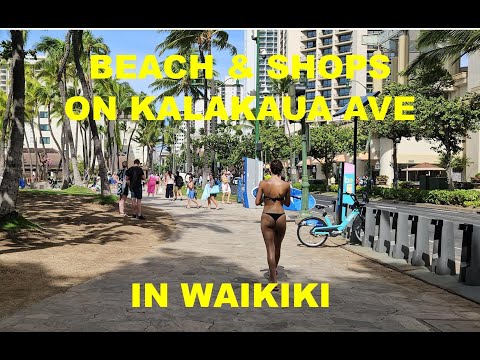 [4K] Caminhando pela praia e lojas na Avenida Kalakaua em Waikiki, Honolulu, Oahu, Havaí