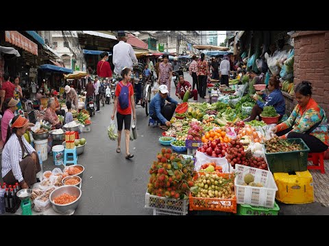 Morning Food Market Scene @Orussey Phnom Penh Cambodia - Best Fruit, Vegetable, Chicken & More Food