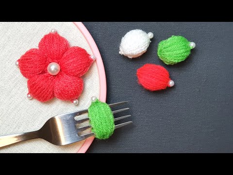 Amazing Woolen Flower Making with Fork at Home - Diy Wool Craft Ideas - How to No Crochet Flower