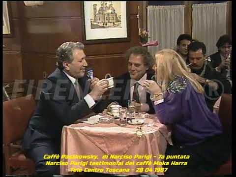 Caffè Paszkowsky. Narciso Parigi testimonial del caffè Moka Arra del Sig. Stacchini. Firenze -1987