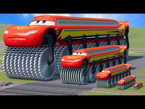 Big & Small Long Lightning Mcqueen Double Monster Saw Wheels vs Trains | BeamNG.drive