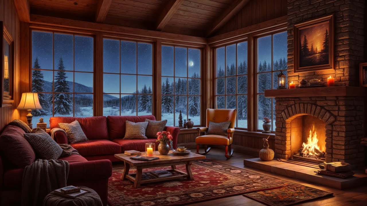 Relaxing Piano Instrumental Music in Cozy Winter Cabin - Crackling Fireplace for Relieve Stress 🔥