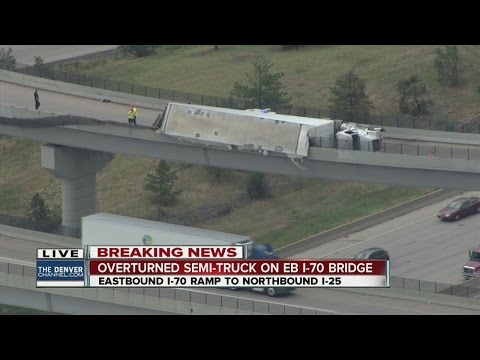 Overturned semi-truck on EB I-70 bridge