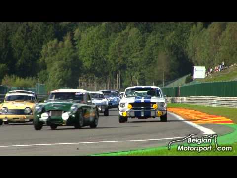 2014 Spa Six Hours - race start with 107 classics (10x GT40, cobra, e-type, 911, mustang, ...)