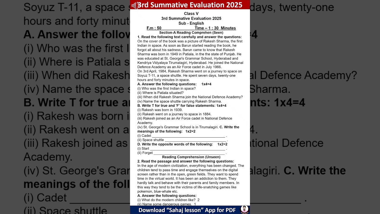 class 5 english 3rd unit test question paper 2025 | class 5 english 3rd unit test suggestion 2025