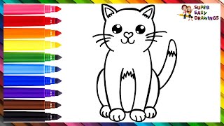 How To Draw A Cat 🐱 Drawing And Coloring A Cute Rainbow Cat 🐈🌈 Drawings For Kids