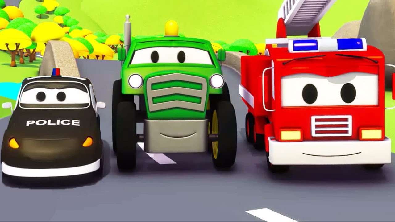 Mobil patroli: Truk Pemadam Kebakaran dan Mobil Polisi dan Traktor di Kota Mobil | Kartun Mobil