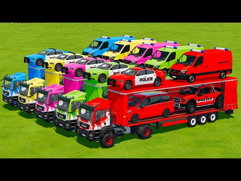 TRANSPORTING POLICE MERCEDES, FORD RAPTOR, DODGE & MINI BUSES WITH MAN TRUCKS - Farming Simulator 22