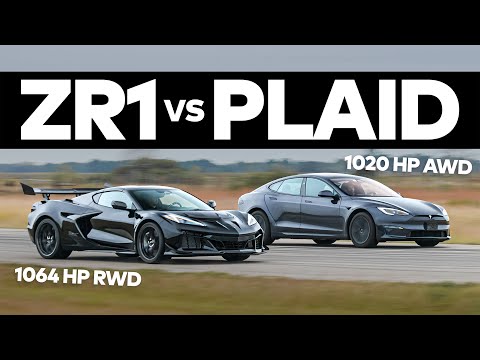 C8 ZR1 Corvette vs Tesla Model S Plaid | Drag + Roll Race Comparison