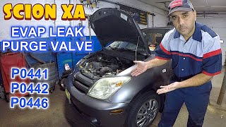 Scion XA evap leak check engine code p0441 p0442 p0446 purge valve