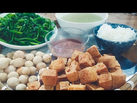 Bữa Cơm Trưa Đạm Bạc, Rau luộc, Đậu Hũ Chiên, Cà Pháo Mắm Tôm Đơn Giản Mà