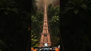 A motorcyclist on a precarious wooden bridge high above a dense jungle, rendered in natural earth