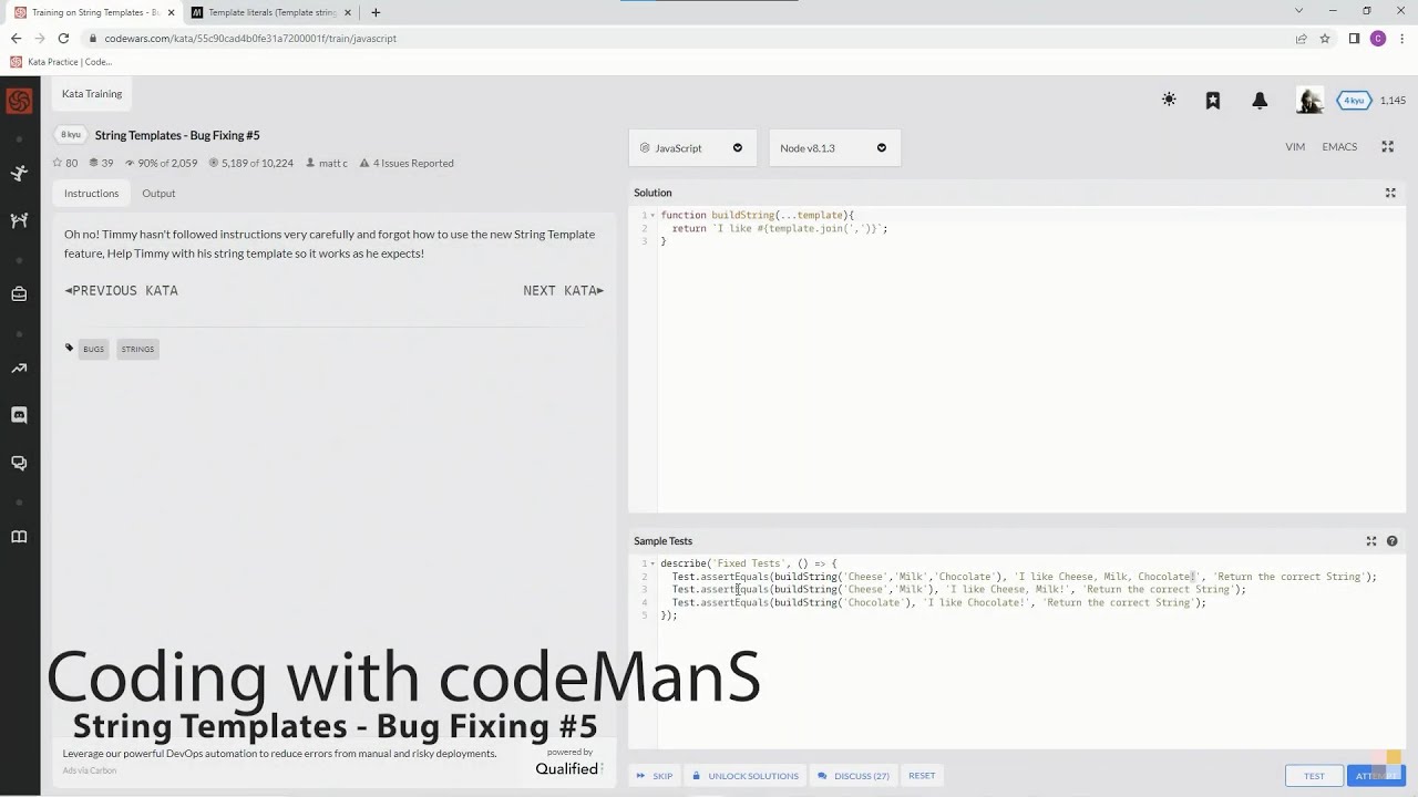 (Archived) Codewars 8 kyu String Templates - Bug Fixing #5 JavaScript