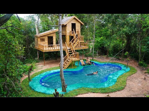 [Full] Build Survival 2-Story Bamboo House With Kitchen  On 4 Giant Tree, Swimming Pool With Cooking