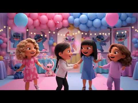 Vitória a irmã de Gabriel com suas amigas no cenário de festa temática do Stitch