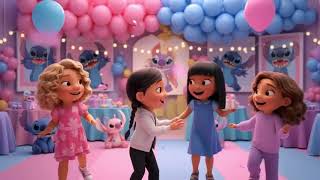 Vitória a irmã de Gabriel com suas amigas no cenário de festa temática do Stitch