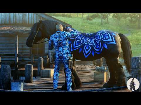 Arthur Morgan Tames a Rare Black Horse with a Stunning Blue Floral Pattern at the Grill Station