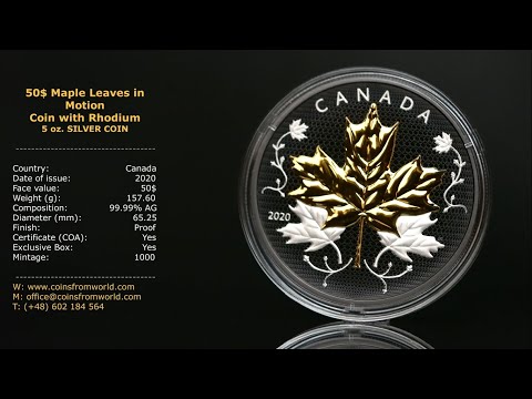 Canada 2020 50$ Maple Leaves In Motion 5 oz  Pure Silver Coin with Rhodium