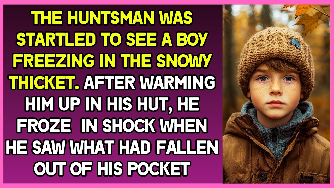 The huntsman was amazed to see the boy in the forest thicket  After warming him in his hut, he froze