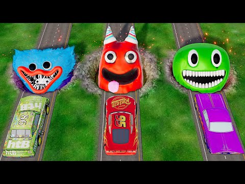 Mega Huggy Wuggy & Banban & Jumbo Josh vs Lightning McQueen and Pixar cars! BeamNG. drive!
