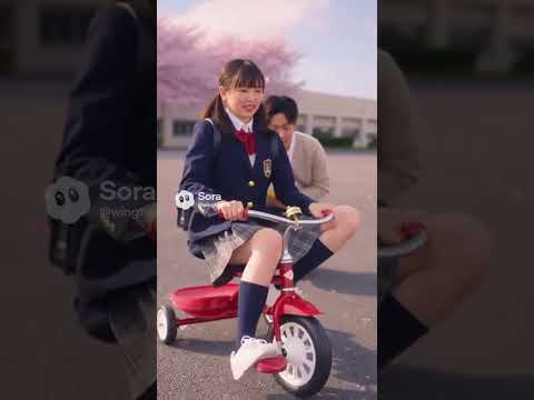 アイドルのような可愛い顔立ちの日本人女性の可愛い高校生が三輪車に乗っている。男性の先生が生徒に近づいて三輪車乗り方の指導をしている