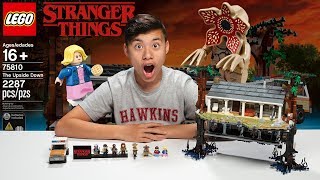 YouTube thumbnail: THE UPSIDE DOWN!!! LEGO Stranger Things - Set 75810 Time-lapse Build & Review!