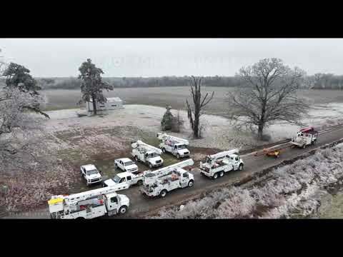 02-24-2022 Brinkley, Ar Ice storm- damage- power lines down-trees on homes, cars- drone