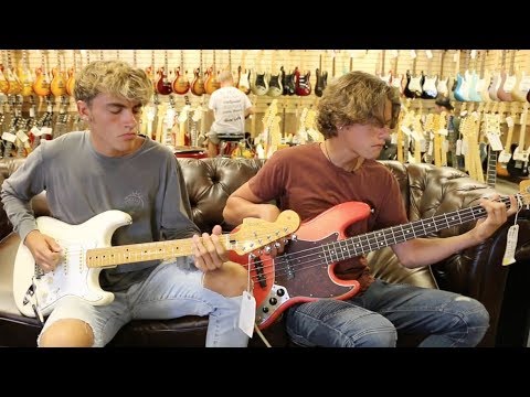 Devin and Cameron Thistle playing a Jimi Hendrix Fender Strat & Jazz Bass