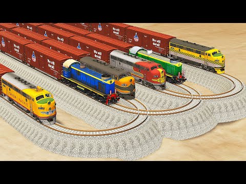 Six Trains vs Crazy Mistake Overlapping U Shape Impossible Rail Track Crossing - BeamNG.Drive